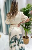 Print V Neck Tops Wide Leg Pants Suit NY-10927
