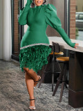 Plus Size Lantern Long Sleeve Skinny Feather Midi Dress LS-0412