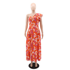 Print Slash Shoulder Split Maxi Dress GYLY-10569