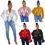 Hollow Out Solid Color Flare Sleeve Tops NIK-1149