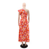 Print Slash Shoulder Split Maxi Dress GYLY-10569