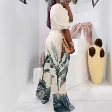 Print V Neck Tops Wide Leg Pants Suit NY-10927