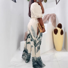 Print V Neck Tops Wide Leg Pants Suit NY-10927