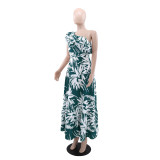 Slash Shoulder Ruffles Print Long Dress GYLY-10568