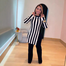 Plus Size Fashion Stripe Long Sleeve Casual Pants Suit NY-10929