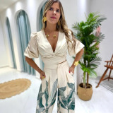 Print V Neck Tops Wide Leg Pants Suit NY-10927