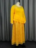 Plus Size Long Sleeve Lace Patchwork Ruffle Midi Dress GKEN-040813