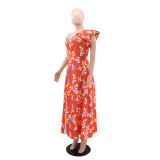 Print Slash Shoulder Split Maxi Dress GYLY-10569