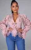 Hollow Out Solid Color Flare Sleeve Tops NIK-1149
