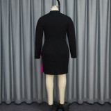 Plus Size Contrast Color Long Sleeve Midi Dress GKEN-040728