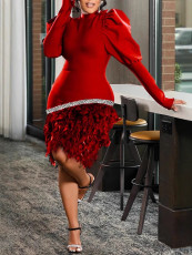 Plus Size Lantern Long Sleeve Skinny Feather Midi Dress LS-0412
