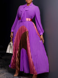 Plus Size Tie Up Press Pleated Color Block Maxi Dress GATE-547