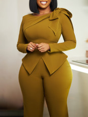 Plus Size Solid Color Bow Tie Long Sleeve Pants Suit GATE-546
