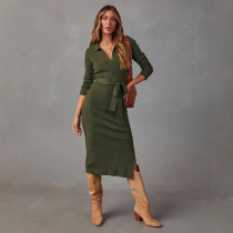 Solid Color V Neck Knits Midi Dress OSM-4465