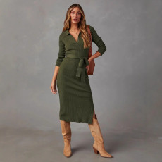 Solid Color V Neck Knits Midi Dress OSM-4465