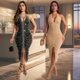 Hot Drill Hang Neck Backless Midi Dress GFYX-7095