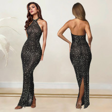 Hang Neck Hot Drill Backless Maxi Dress GFYX-7108