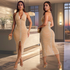 Hot Drill Hang Neck Backless Midi Dress GFYX-7095
