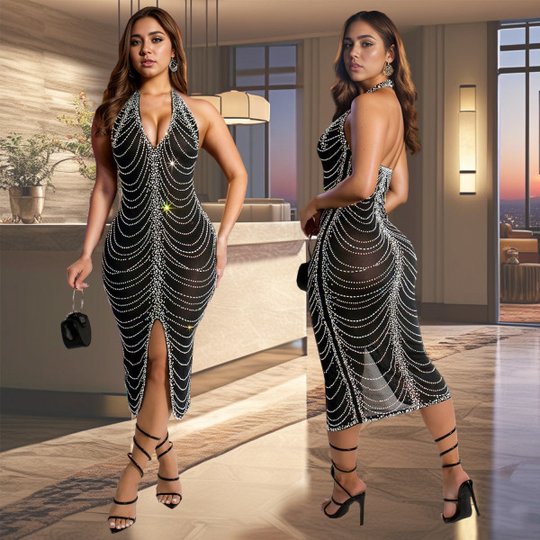 Hot Drill Hang Neck Backless Midi Dress GFYX-7095