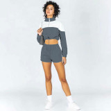 Color Block Drawstring Sweatshirt Shorts Casual Two Piece Set YMZY-0022