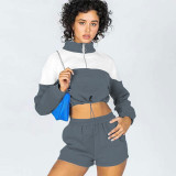 Color Block Drawstring Sweatshirt Shorts Casual Two Piece Set YMZY-0022