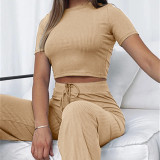 Solid Color Short Sleeve Wide Leg Pant Suit YMZY-0391