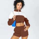 Color Block Drawstring Sweatshirt Shorts Casual Two Piece Set YMZY-0022