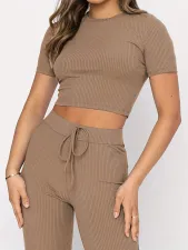 Solid Color Short Sleeve Wide Leg Pant Suit YMZY-0391