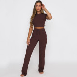 Solid Color Short Sleeve Wide Leg Pant Suit YMZY-0391