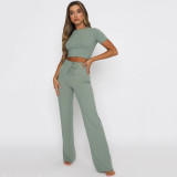 Solid Color Short Sleeve Wide Leg Pant Suit YMZY-0391