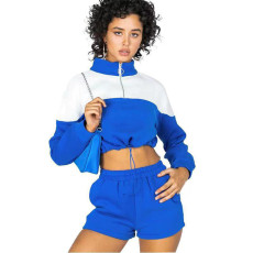 Color Block Drawstring Sweatshirt Shorts Casual Two Piece Set YMZY-0022