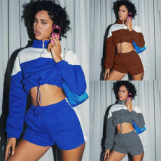 Color Block Drawstring Sweatshirt Shorts Casual Two Piece Set YMZY-0022