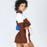 Color Block Drawstring Sweatshirt Shorts Casual Two Piece Set YMZY-0022