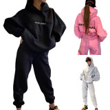 Letter Print Long Sleeve Hooded Casual Pants Suit YMZY-19873