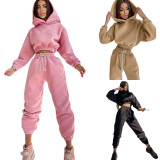 Solid Color Long Sleeve Hooded Drawstring Pants Suit YMZY-6509
