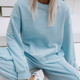 Solid Color O Neck Long Sleeve Sweatpant 2 Piece Set YMZY-0908