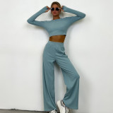 Long Sleeve Solid Color Wide Leg Pants Suit YMZY-0030