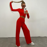 Long Sleeve Solid Color Wide Leg Pants Suit YMZY-0030