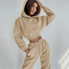 Solid Color Long Sleeve Hooded Drawstring Pants Suit YMZY-6509