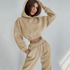 Solid Color Long Sleev Hooded Drawstring Pants Suit YMZY-6509