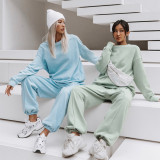 Solid Color O Neck Long Sleeve Sweatpant 2 Piece Set YMZY-0908