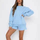 Solid Color Loose O Neck Shorts 2 Piece Set YMZY-8025
