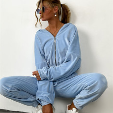 Long Sleeve Solid Color Zipper Hooded Pants Suit YMZY-1070