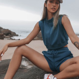 Sleeveless Solid Color Vest Short 2 Piece Set YMZY-0902