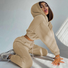 Solid Color Long Sleeve Hooded Drawstring Pants Suit YMZY-6509