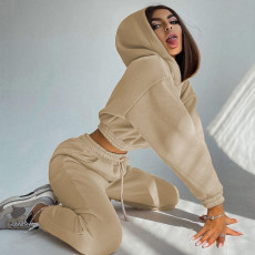 Solid Color Long Sleev Hooded Drawstring Pants Suit YMZY-6509