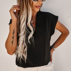 Solid Color V Neck Short Sleeve T Shirt YMZY-9105