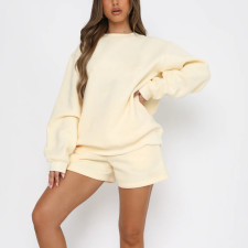 Solid Color Loose O Neck Shorts 2 Piece Set YMZY-8025