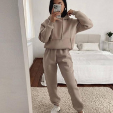 Casual Hooded Long Sleeve Sweatshirt Solid Color Sports Set YMZY-6502