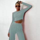 Long Sleeve Solid Color Wide Leg Pants Suit YMZY-0030